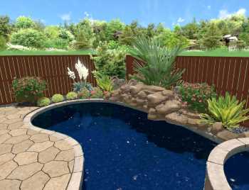 Backyard Pool Landscape Design Project in Prosper TX home. The professional landscape will include natural boulder stone masonry work around tropical plant beds filled with river rock and flagstone pool deck.