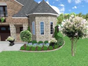 Affordable small front yard landscape designs, Texas native plants, stone edging, drip line irrigation installation