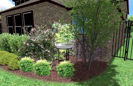 Landscaping Bird Bath Design at a Prosper Texas residence featuring Crape Myrtle trees, mulch, landscape beds and flowering shrubs.