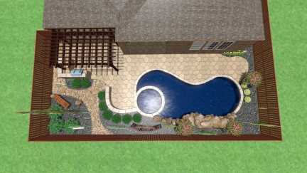 Landscaping for a Swimming Pool in Frisco Texas backyard featuring a paver patio, cedar pergola, outdoor kitchen and landscape boulders.