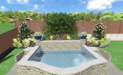 Pool Landscaping Ideas for Small Backyards, image has a water feature, landscaping plant beds, Crape Myrtle tree and hardscaping.