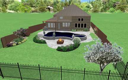 Swimming Pool Landscaping Design for Prosper Texas resident. Image shows finished pool area complete with fire pit, paver patio, pergola, Zoysia sod grass and landscaping plant beds with stone borders.